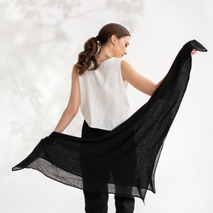 Black linen shawl / Scarves for women / Handmade, stone washed, lightweight scarf / Gift for her image 2