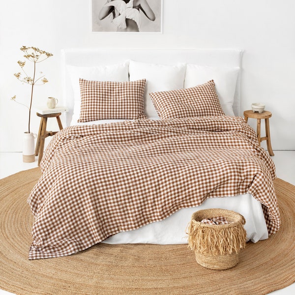 Linen bedding set in Cinnamon gingham. Checkered bedding. Linen duvet cover set. Queen King custom sizes. Comforter set