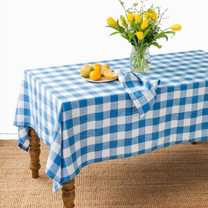 Linen tablecloth in Cobalt blue gingham. Farmhouse tablecloth. Large tablecloth. Handmade stonewashed, housewarming gift image 1