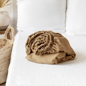 Linen Fitted Sheet – Latte Beige Soft Linen Bedding – Queen King Deep Pocket Bed Sheet – Stonewashed Thermoregulating OEKO European Linen