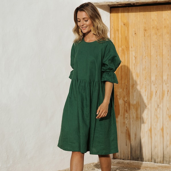 Robe midi en lin NERJA en Vert | Robe en lin ample à manches bouffantes pour femmes | Robe longueur genou | Vêtements d'été