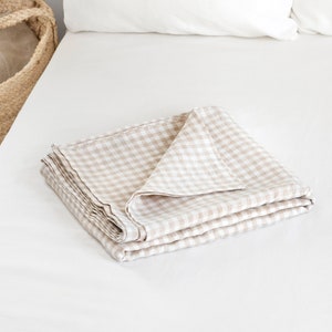 Natural Gingham Linen Flat Sheet – Neutral Check Top Sheet – Stonewashed Soft Bedding – Timeless Cottage Style – Queen King Sizes