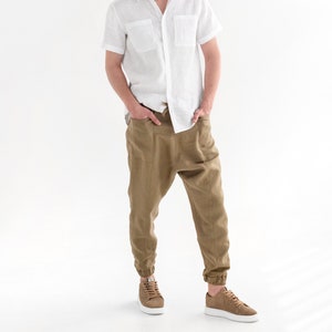 Baggy men's linen pants CURACAO in Dried moss | Elastic waist drop crotch pants for men | Summer clothing