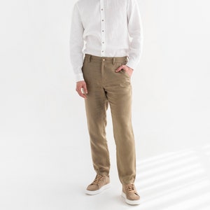Men's linen pants SOGLIO in Dried moss | Classic linen trousers | Elastic waist pants with pockets