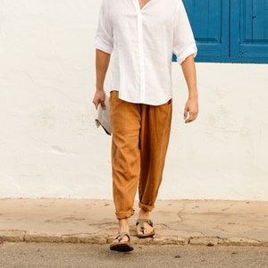 Men's linen pants TRUCKEE in Cinnamon. Mens trousers. Elastic waist. Cargo pants. Linen clothing for men