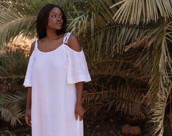 Midi Cold Shoulder Linen Dress THASSOS in White | MagicLinen L Midi Cold Shoulder Linen Dress THASSOS in White | MagicLinen L