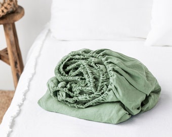 Linen fitted sheet in Matcha Green. Washed linen sheet. King, Queen, custom bed sheet.