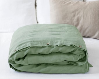 Linen duvet cover in Matcha Green. King, queen, twin, custom sizes.