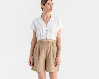 Linen shorts BAGAN in Wheat. High waisted womens shorts. Linen boho shorts. Summer clothing