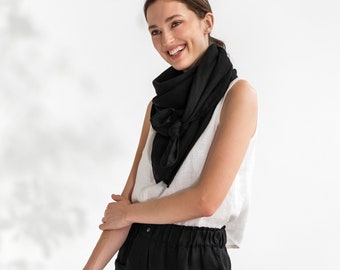 Black linen shawl / Scarves for women / Handmade, stone washed, lightweight scarf / Gift for her