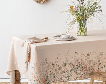 Floral print linen tablecloth. Farmhouse tablecloth. Rustic tablecloth. Easter brunch, printed tablecloth