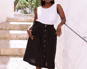 Black linen skirt MONTICELLO | Midi linen skirt | Linen skirt with pockets | A line skirt