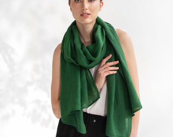 Green linen scarf / Linen shawl / Handmade, stone washed linen scarves for women / Long linen scarf