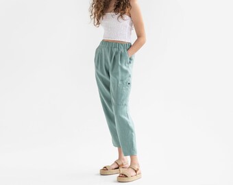 Wide linen pants DAWSON in Teal blue / Elastic waist / Loose linen pants / Clothing for women