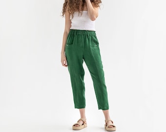 Tapered linen pants KIHEI in Green / Elastic waist pants / Tapered pants / Linen summer pants