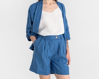Pleated linen shorts BAGAN in Cobalt blue. Elastic waist shorts. Summer clothing for women