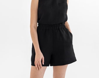 Black linen shorts LAMU | High waist shorts for women | Linen summer shorts