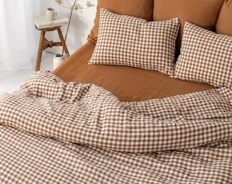 Linen duvet cover in Cinnamon gingham. Queen King duvet cover. Farmhouse bedding. Checkered bedding. 100% linen. Custom sizes available