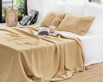 Drap plat en lin beige sable | Draps sur mesure, literie en lin | Tailles King, Queen