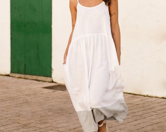 Color block linen dress CETARA / Maxi linen dress / White linen dress / Linen clothing for women