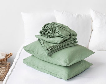 Matcha Green linen sheet set / Fitted sheet, flat sheet, 2 pillowcases / Linen bedding, King Queen sheets