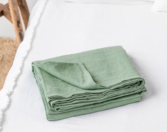 Drap plat en lin vert matcha. Draps plats sur mesure. Drap de dessus en lin pour grand lit et très grand lit.
