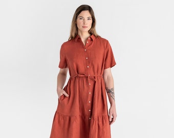 Linen ruffle dress PETRA in Clay. Linen short sleeve dress. Midi shirt dress for women. Button up dress