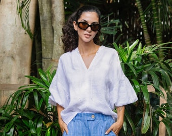 Linen blouse MANADO. White blouse for women. Puff sleeve linen top. V-neck blouse. Summer shirt