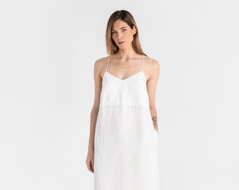 Linen dress MARFA. White linen dress for women. Midi sleeveless linen dress with spaghetti strap. Open back summer dress