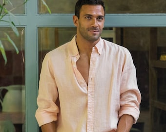 Men's linen shirt WENGEN in Light pink. Long sleeve linen shirt for men. Button down shirt. 3XL Available