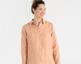 Linen shirt CALPE in Peach. Long sleeve linen shirt. Button up shirt. Linen blouse. Lightweight linen shirt