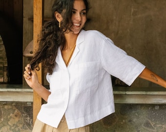 White linen camp shirt ORVIETO. Linen collar shirt. White linen blouse. Summer shirt for women