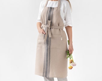 Gray striped traditional linen apron with pockets | Handmade, farmhouse linen bib apron | Cooking, gardening, chef apron