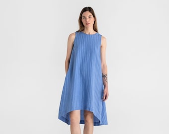 Robe midi en lin Royal TOSCANA. Robe rayée bleue. Robe d'été ample et sans manches en lin pour femme. Robe trapèze