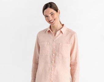 Chemise en lin CALPE. Chemise en lin rose clair pour femme. Chemise boutonnée, manches longues, chemisier en lin de coupe décontractée