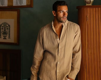 Classic fit men's linen shirt SINTRA in Wheat. Long sleeve shirt for men, button down shirt. Boho mens clothing