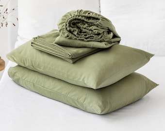 Linen-cotton sheet set of 4 pieces in Sage. Fitted sheet flat sheet 2 pillowcases. Queen King custom sizes