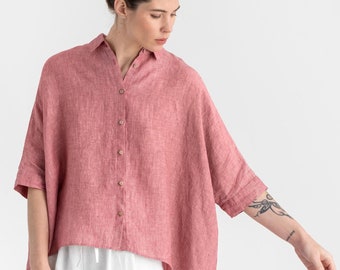 Chemise en lin HANA. Chemise en lin rose. Chemise boutonnée en lin léger pour femme. Chemise oversize. Vêtements bohèmes