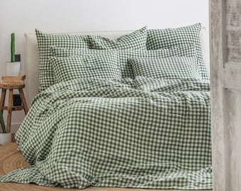 Linen sheet set in Forest green gingham. Twin queen king sheets. Farmhouse bedding. Fitted sheet, flat sheet, 2 pillowcases