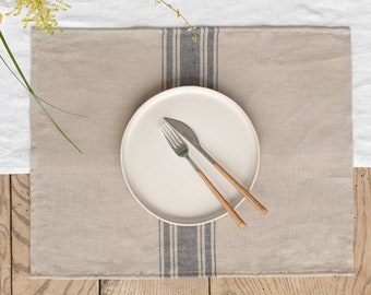 Sets de table en lin traditionnels à rayures grises (lot de 2) | Décoration de table de Pâques | Rustique, Ferme, Mariage, Dîner, Réutilisable