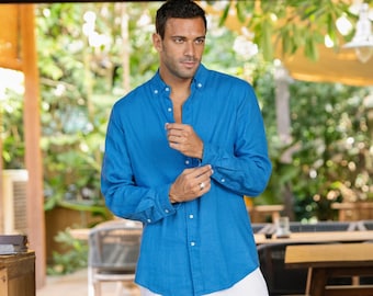 Linen shirt for men SINTRA in Cobalt blue. Button down mens linen shirt, long sleeve shirt