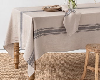 Gray striped traditional linen tablecloth | Rustic table dining decor | Heavyweight 100% european linen | Handmade, durable, elegant