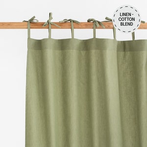 Sage Green Linen Cotton Curtain Panel – Tie Top Semi Sheer Drapes – Light Filtering Farmhouse Window or Door Soft Blend Curtain