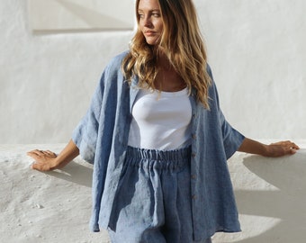 Blue Denim Wide Leg Linen Shorts – High Waist Loose Fit Linen Shorts with Pockets – Chambray Lightweight Shorts for Vacation CUENCA
