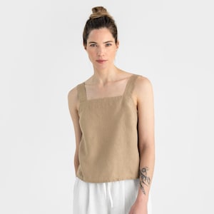 Sleeveless linen top OLINDA in Wheat. Linen blouse. Linen crop top. Basic linen top for women Wheat