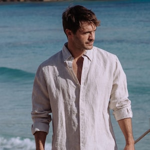 Mens Long Sleeve Linen Shirt – Natural Melange Linen Top – Breathable Button Down Casual Shirt – Summer Ethical Clothing SINTRA
