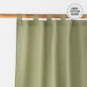 Green Linen Cotton Tab Top Curtain – Sage Semi Sheer Curtain Panel – Farmhouse Window Drapes – Custom Size Cotton Curtains for Living Room