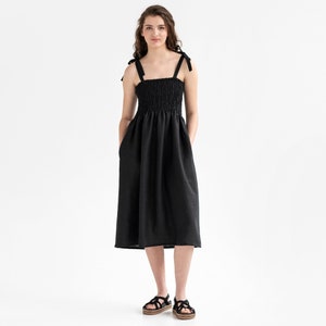 Sleeveless midi linen dress AVILLA in Black / Summer dress / Smocked linen dress / Beach linen dress