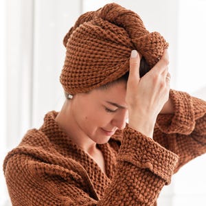 Cinnamon Linen Waffle Hair Turban Towel – Head Wrap with Button – Quick Drying Hair Towel for Spa, Shower, Mask or Oil Treatment Use