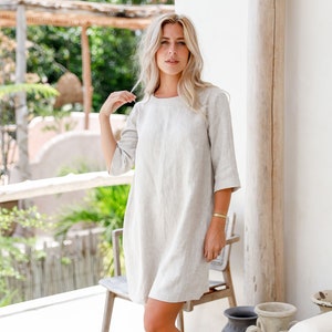 Linen Tunic Dress with Pockets – Loose Fit Mini Dress in Natural Melange – 3/4 Sleeve Womens Clothing – Sustainable Capsule Wardrobe LASTRES